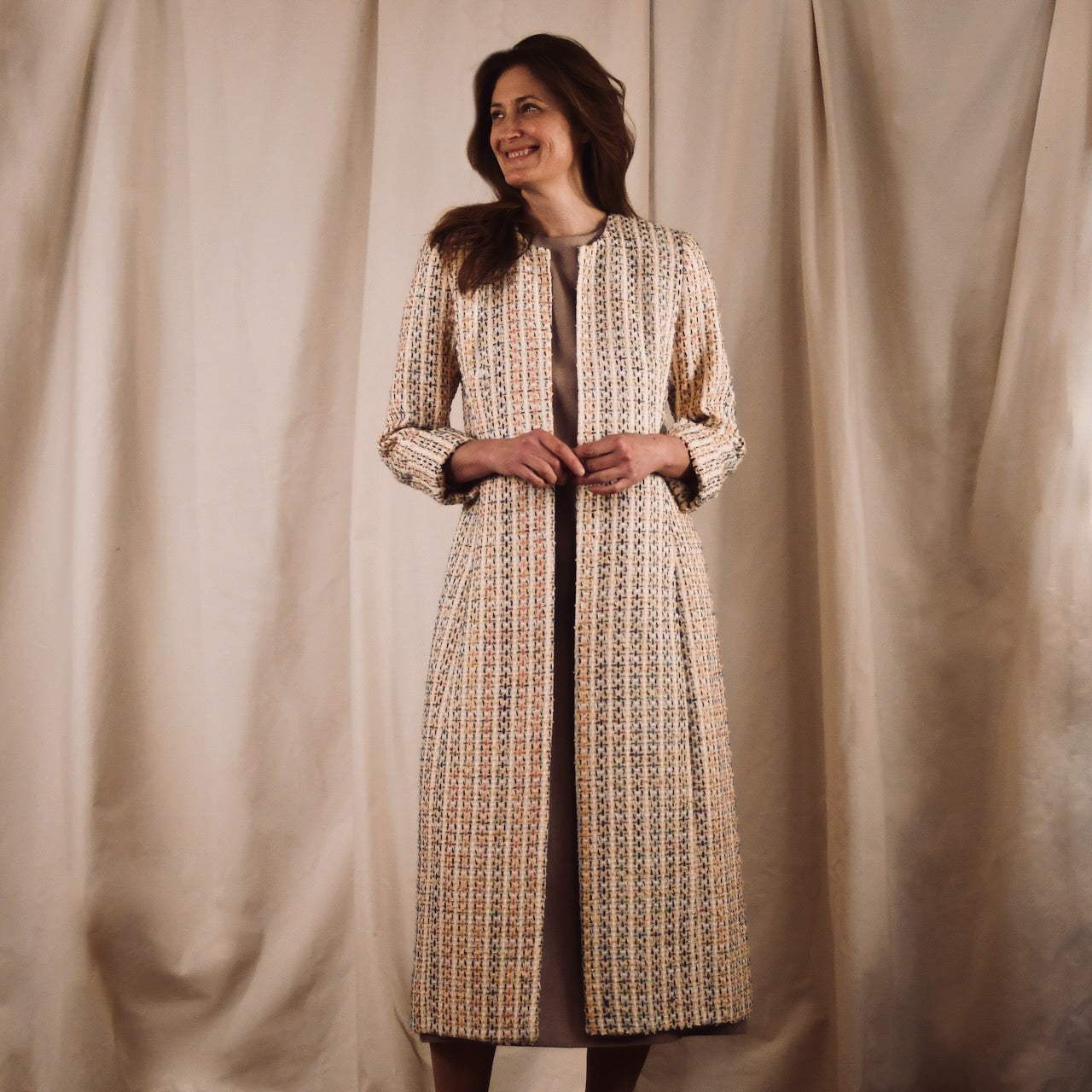 Fitted Hourglass Coat in Pale Linton Tweeds Boucle. A Fitted Sprint-Summer Bouclé Coat  - the perfect investment piece for Royal Ascot and Summer Occasions. Handmade in Britain.