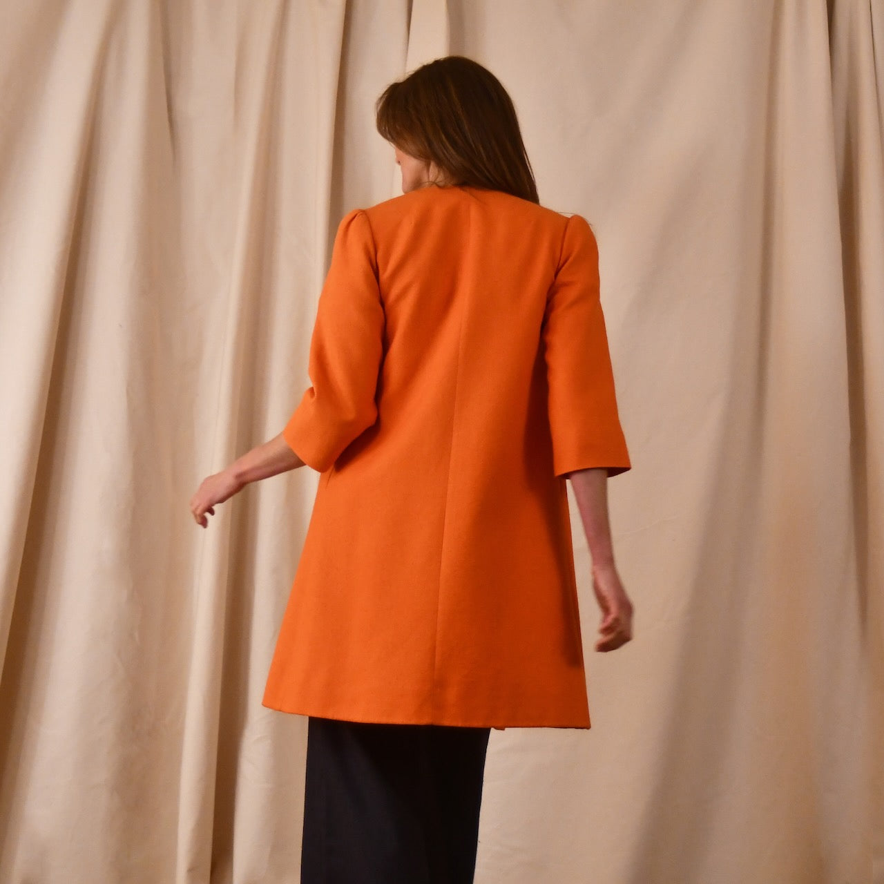 Bespoke Shoulder Detail Trapeze Coat in Silk Matka. This is a Summer Weight Silk Car Coat style shorter length coat available to order in a host of colours. Handmade in Great Britain. Rear View