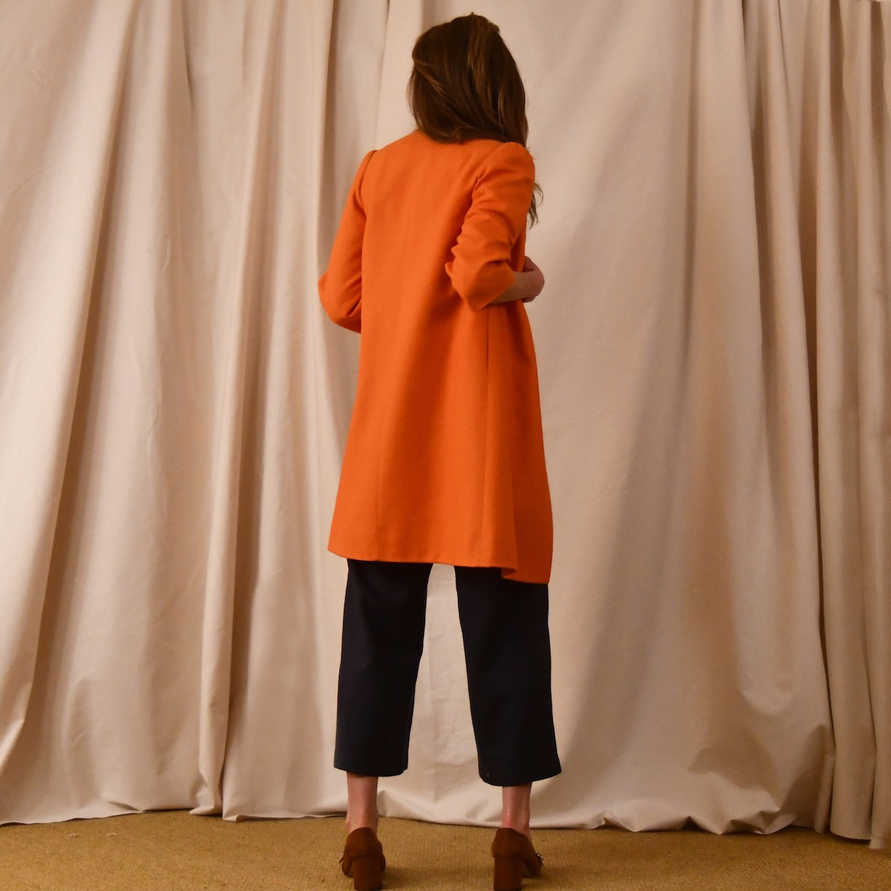 Bespoke Shoulder Detail Trapeze Coat in Silk Matka. This is a Summer Weight Silk Car Coat style shorter length coat available to order in a host of colours. Handmade in Great Britain. Back View