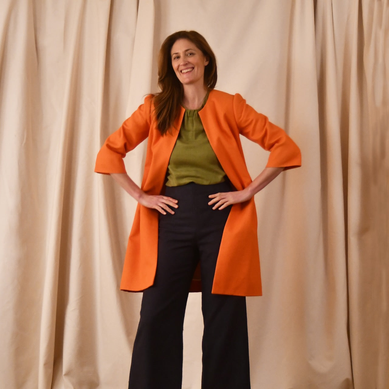 Bespoke Shoulder Detail Trapeze Coat in Silk Matka. This is a Summer Weight Silk Car Coat style shorter length coat available to order in a host of colours. Handmade in Great Britain. Open Front View.