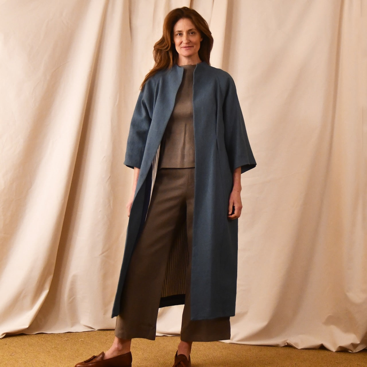 Long Linen Cocoon Coat - Front View