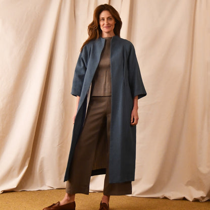 Long Linen Cocoon Coat - Front View