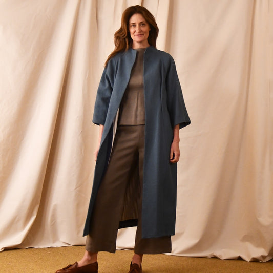Long Linen Cocoon Coat - Front View