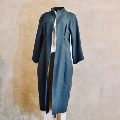 Long Cocoon Coat in Teal Irish Linen is a long, open-front coat with long sleeves. Perfect for a relaxed look. Handmade in Britain.