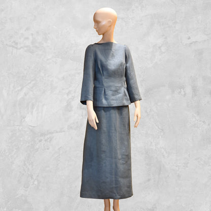 Besopke Summer Skirt Suit in Irish Linen. A Tailored Linen top paired with a n A-Linen Linen skirt. Handmade in Britain.lue Skirt and Top. Side View.