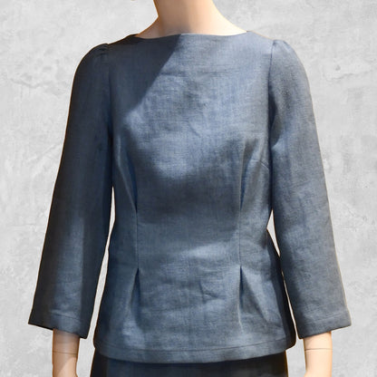 Besopke Summer Skirt Suit in Irish Linen. A Tailored Linen top paired with a n A-Linen Linen skirt. Handmade in Britain.lue Skirt and Top. Close up on Top, Front View.