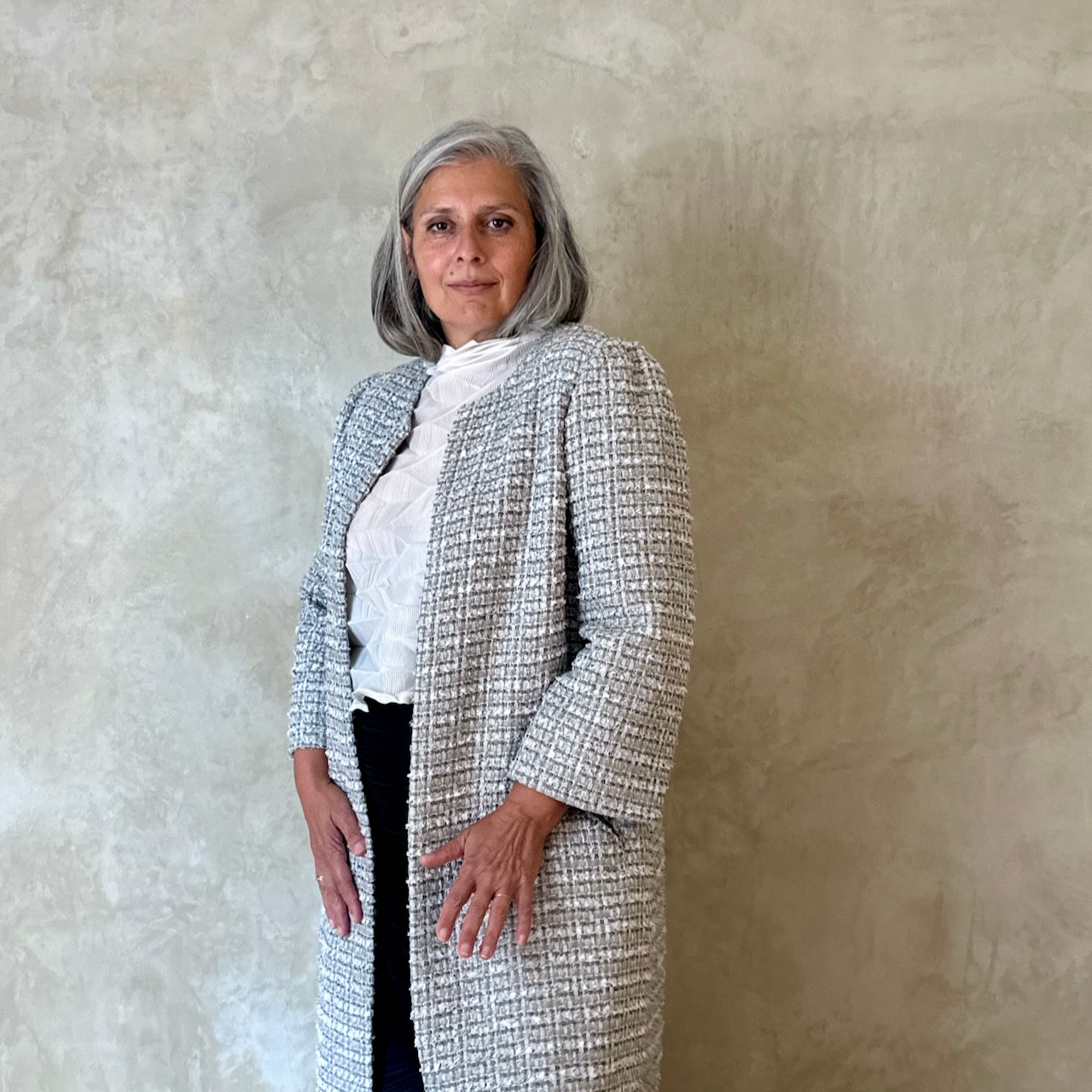 Bespoke Silver Boucle A Line Coat