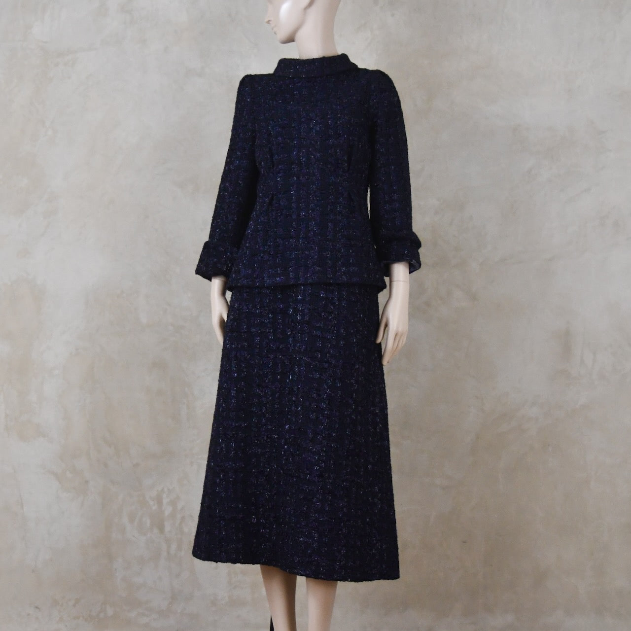 The Tunic Top Skirt Suit in Navy Linton Boucle