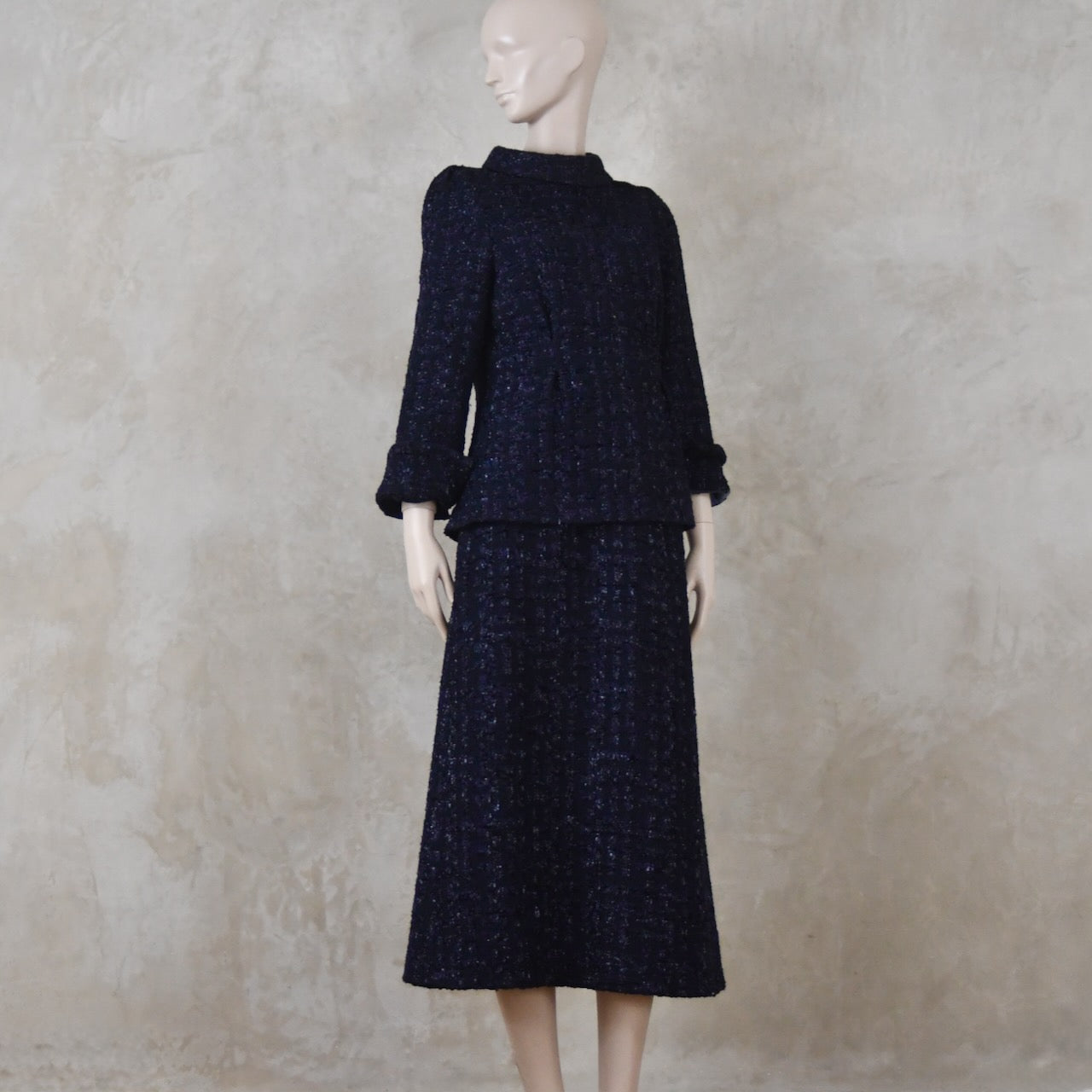 The Tunic Top Skirt Suit in Navy Linton Boucle