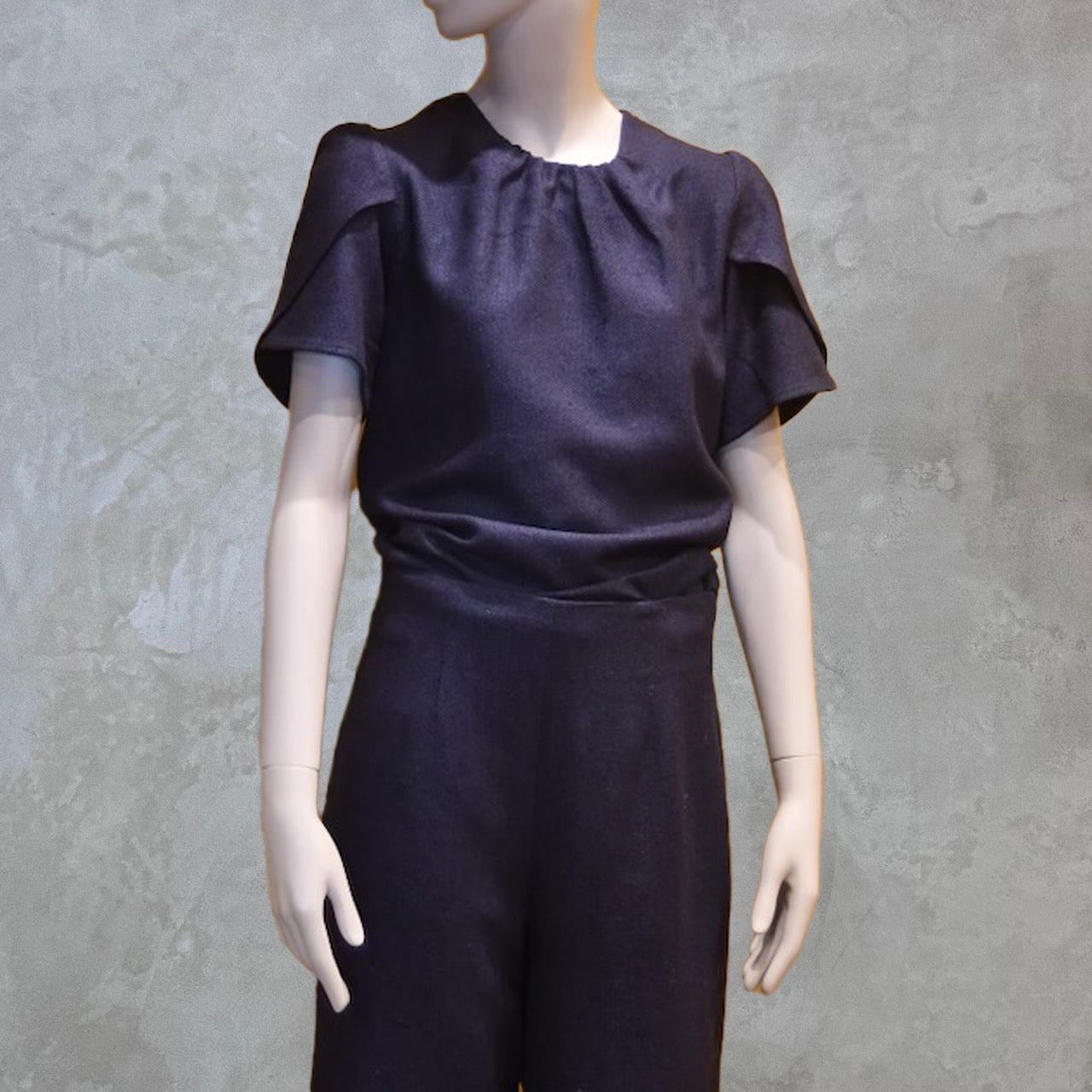 A Tulip Sleeve Blouse in Inky Blue Silk Matka Weave with matching high-waisted pants. Handmade in Britain.