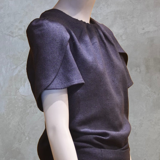 A Tulip Sleeve Blouse in Inky Blue Silk Matka Weave, featuring soft folds and a round neckline. Handmade in Britain.