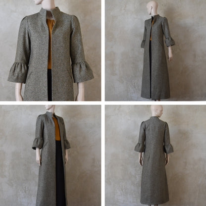 Bell Sleeve A-Line Coat in Moss Green Tweed