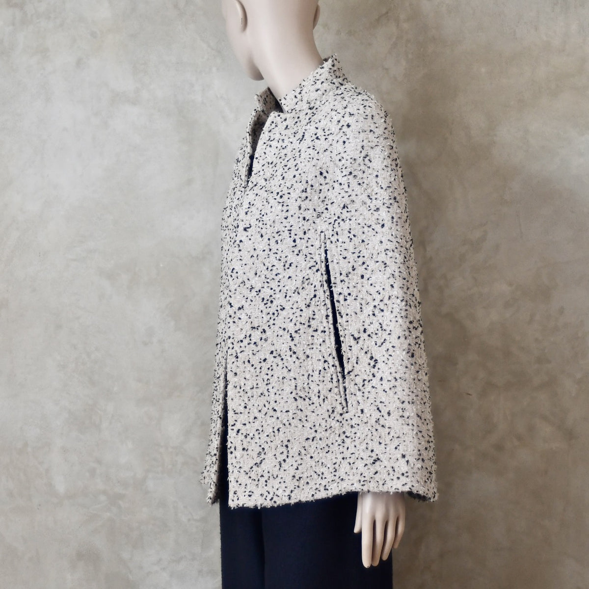 10 – The Clayton Cape in White and Charcoal Boucle