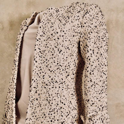 Bespoke Tailored Hourglass-Shaped Coat in Camel, Black and White Flag Textured Bouclé, from Linton Tweeds. A Collar-less shaped coat for weddings and formal occasions. Handmade in Britain.