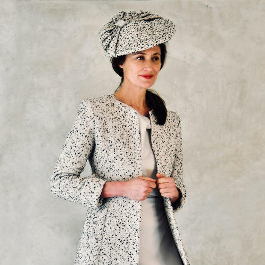 The Hourglass Coat in Camel, Black and White Flag Textured Bouclé