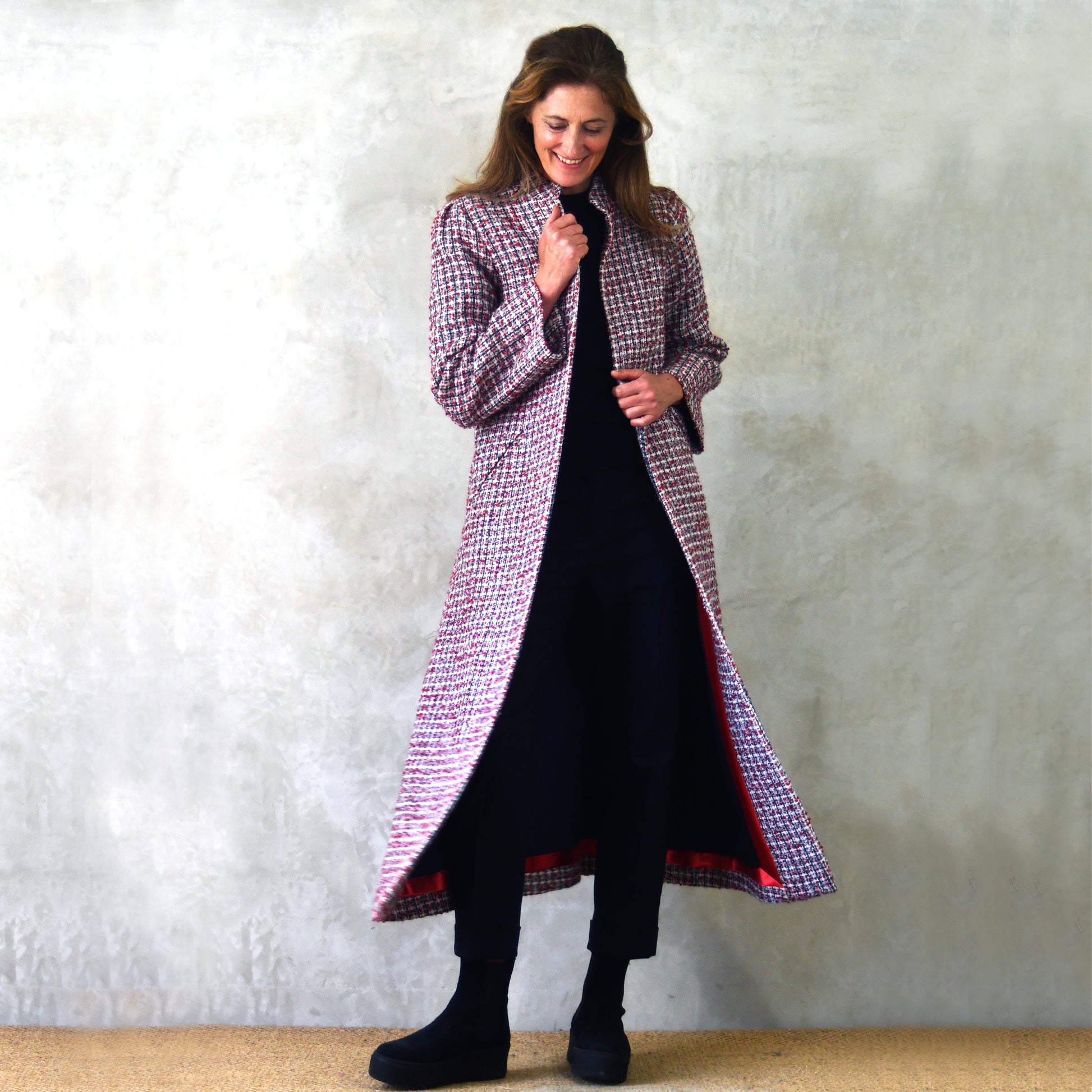 the bell coat in red, ecru and navy wool boucle image 4