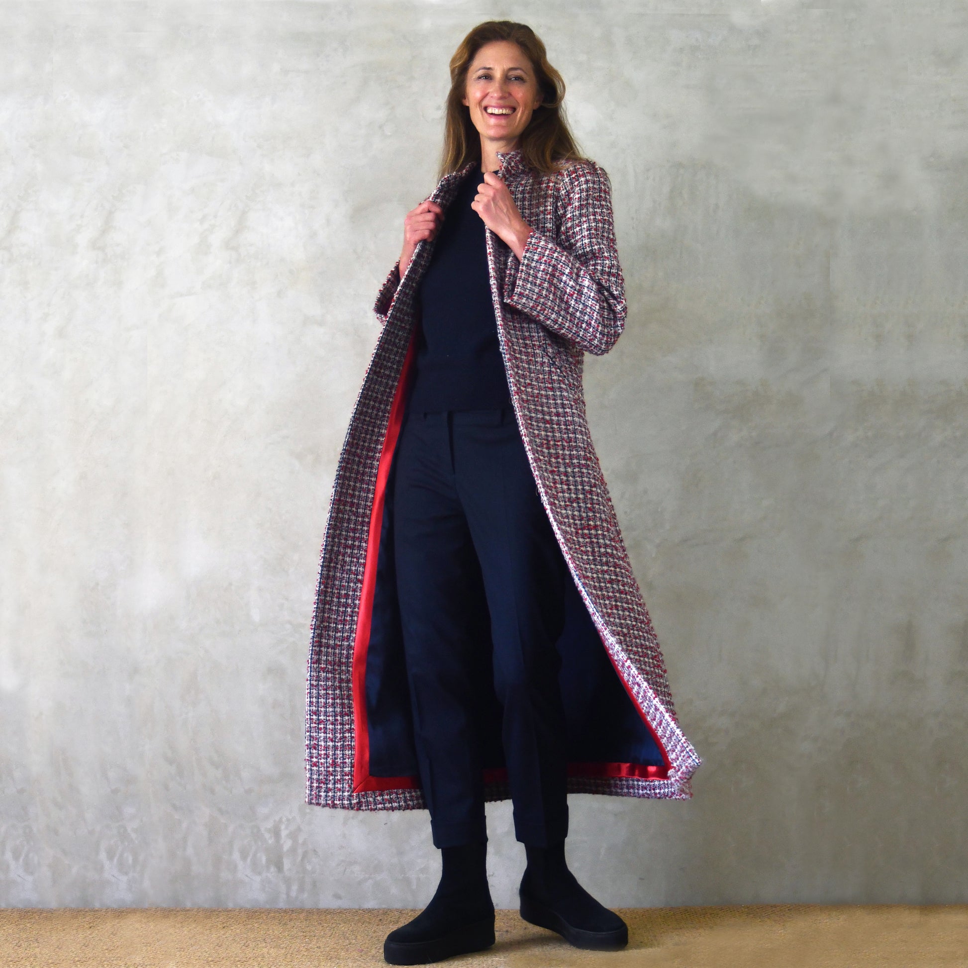 the bell coat in red, ecru and navy wool boucle image 8