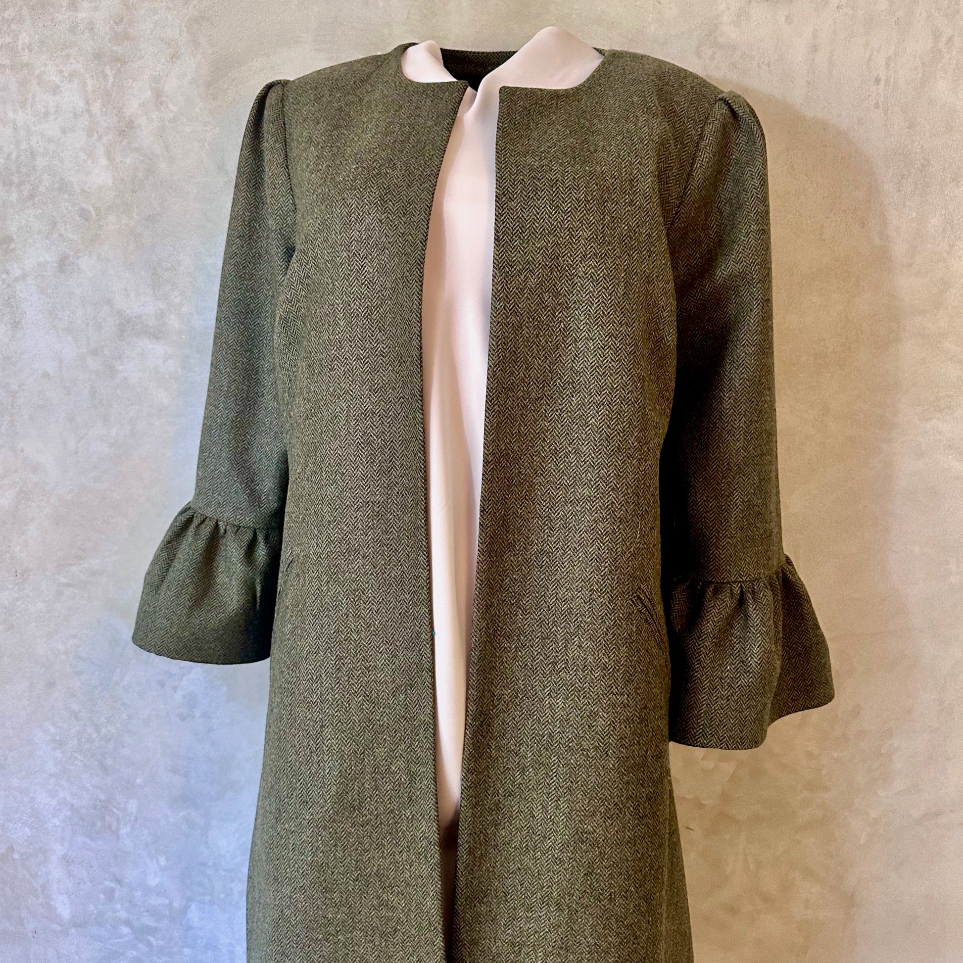 the brett coat in deep sage green lambswool herringbone tweed image 4