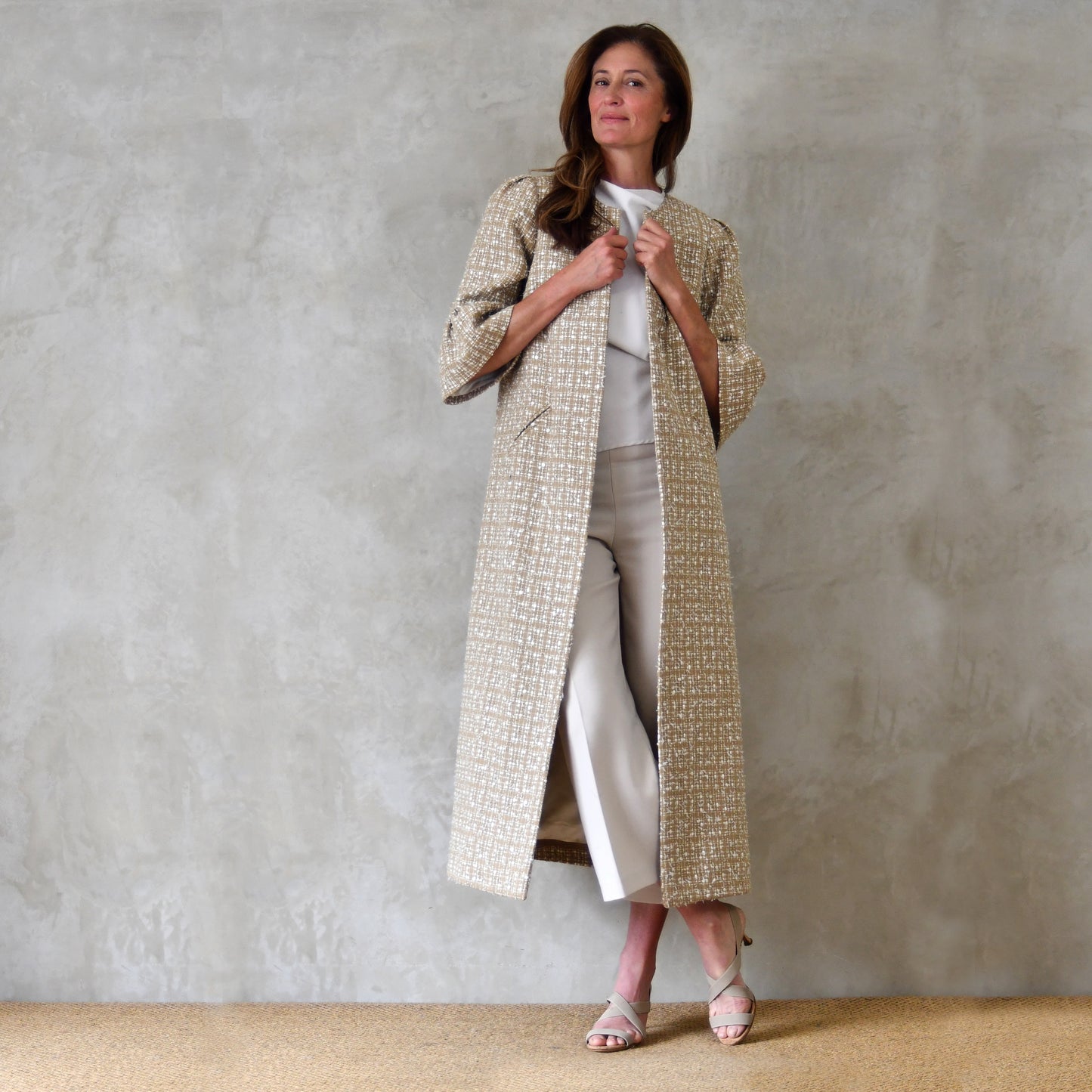 Camel Boucle Bell Sleeve Coat - Neck View