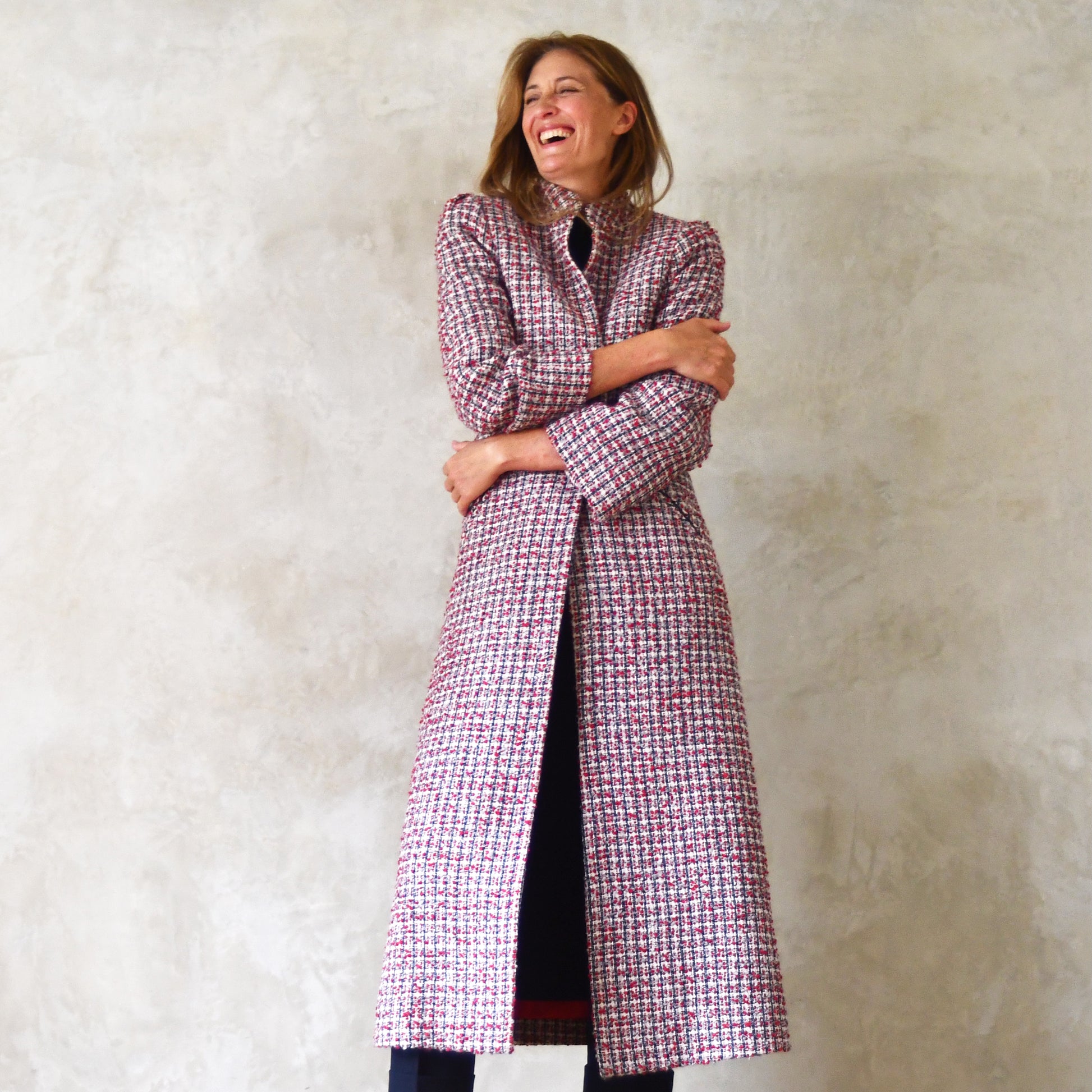 the bell coat in red, ecru and navy wool boucle image 3