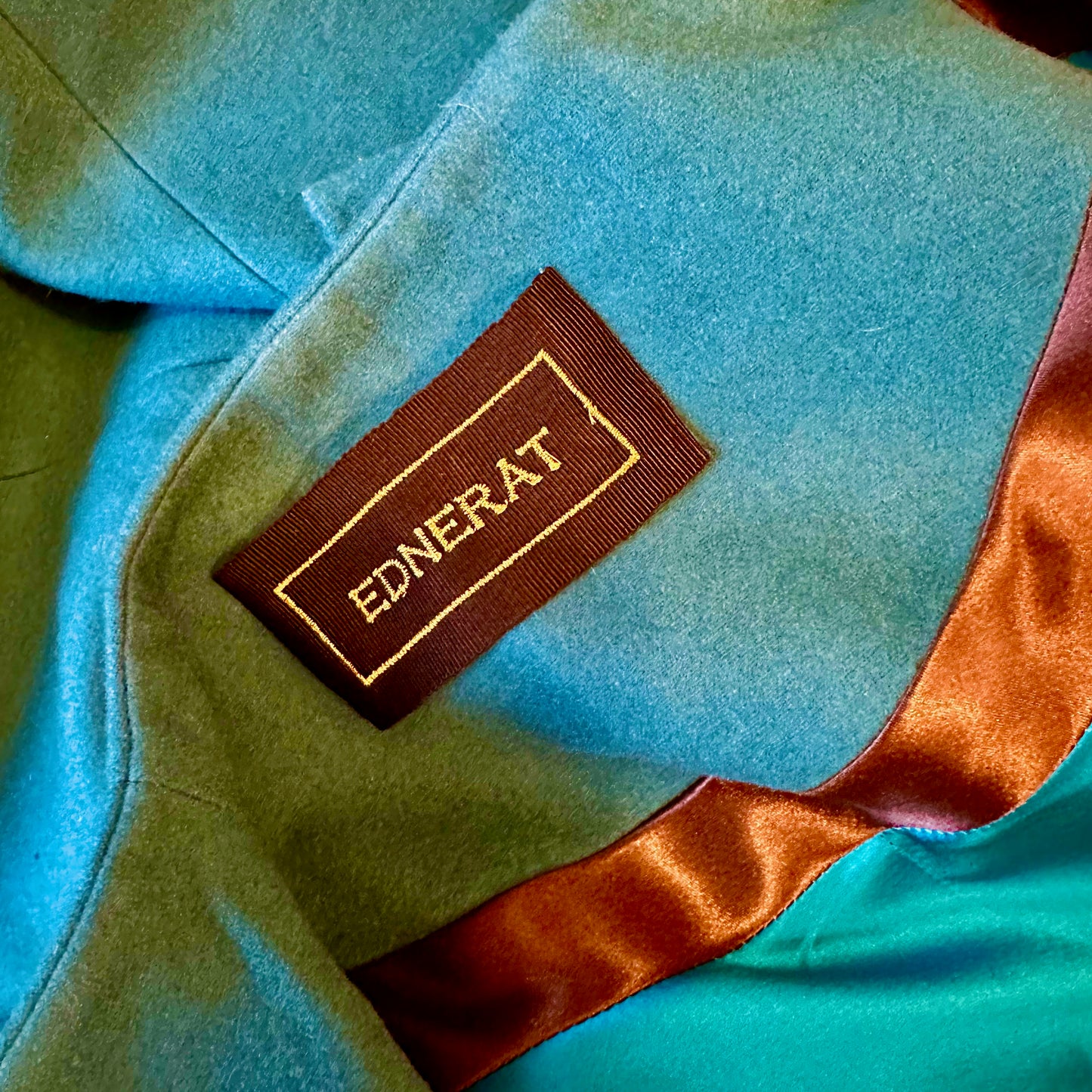 Longer Length Petrol Blue Merino Flannel Cocoon Coat. A shapely and superbly soft investment piece for dressing up or down in Winter. Comfortable, easy and elegant. Handmade in Britain. Collar View.