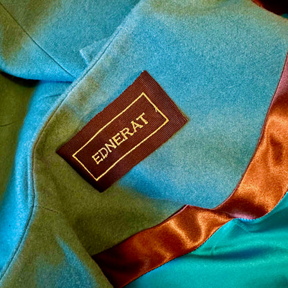 Longer Length Petrol Blue Merino Flannel Cocoon Coat. A shapely and superbly soft investment piece for dressing up or down in Winter. Comfortable, easy and elegant. Handmade in Britain. Collar View.