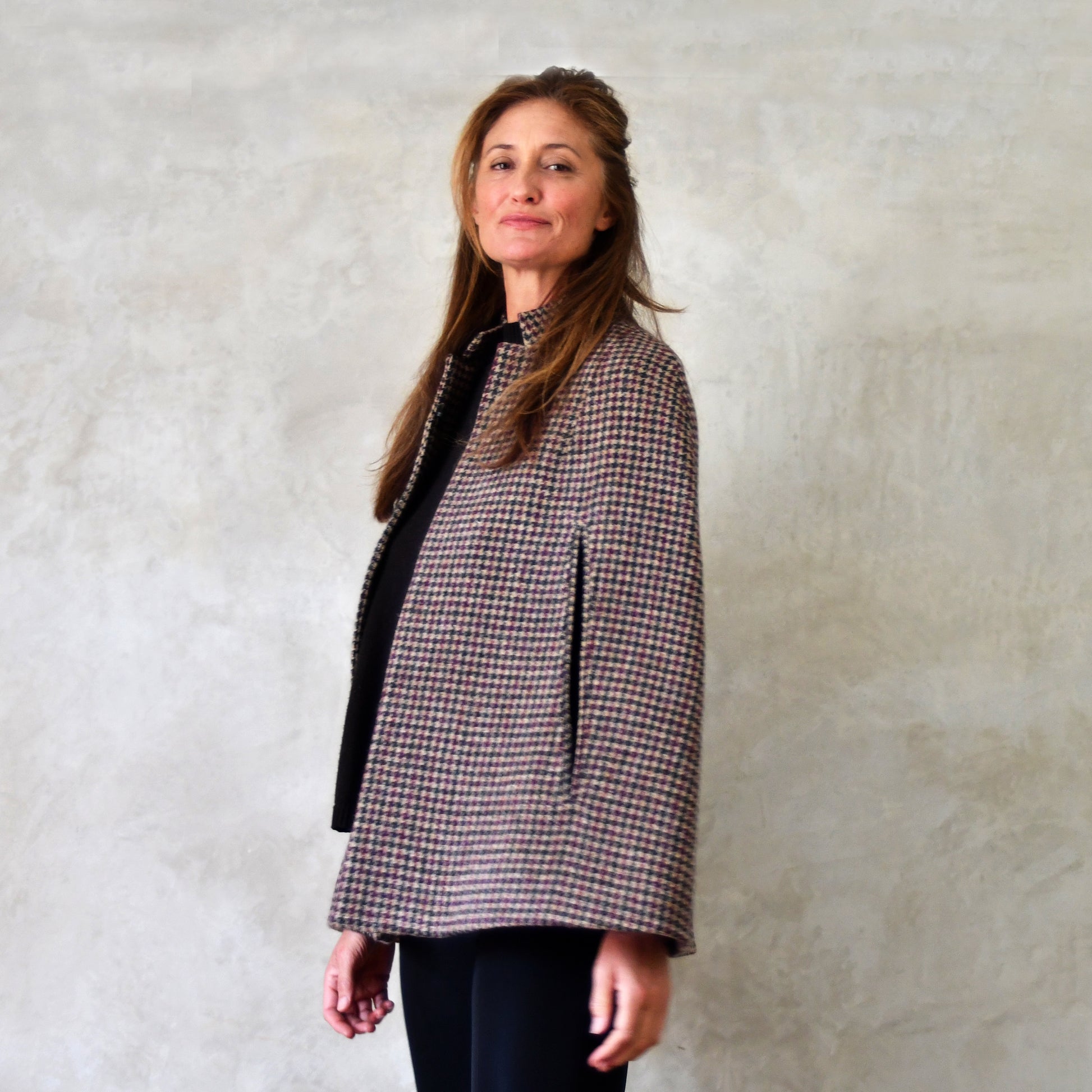 the clayton cape in camel, red and green check lovat tweed image 2