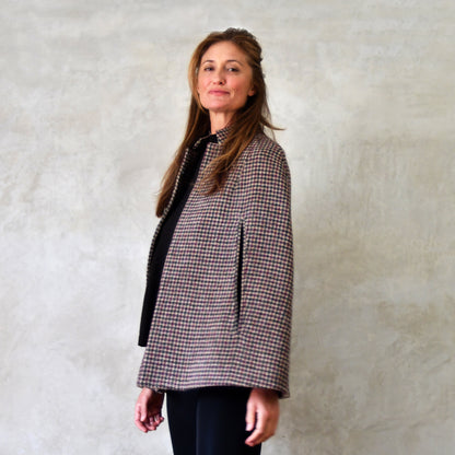 the clayton cape in camel, red and green check lovat tweed image 2