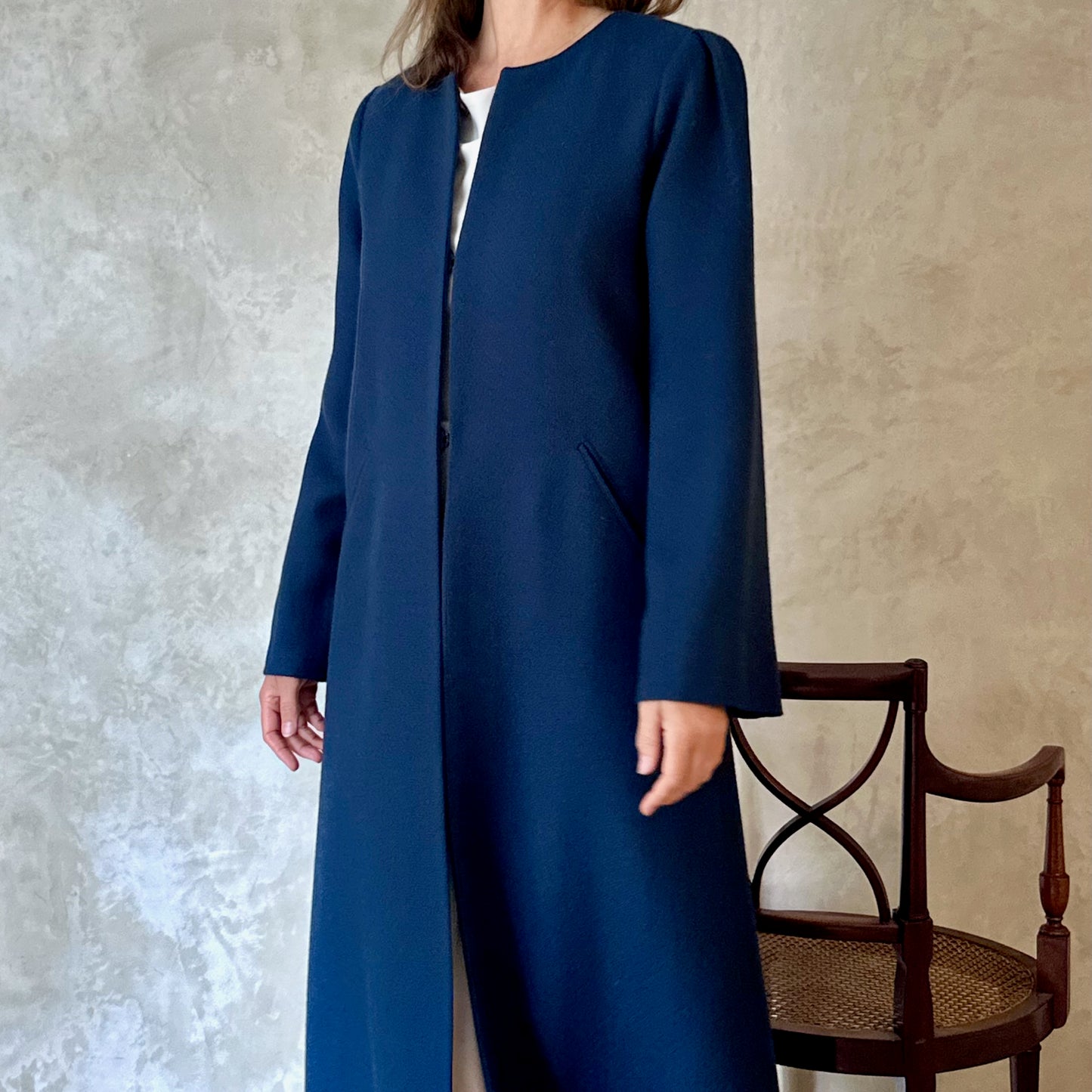 the bell coat in deep navy wool crepe image 6