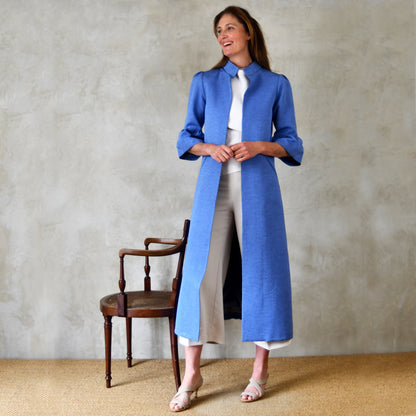 Blue Brocade A Line Bell Sleeve Coat - Side View