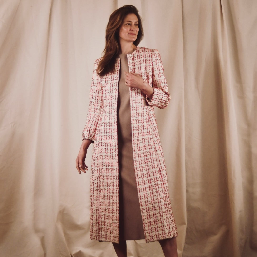 Fitted Hourglass Coat in Pink Linton Tweeds Boucle. A Summer Bouclé Coat perfect for Royal Ascot and Summer Occasions. An investment piece handmade in Britain.