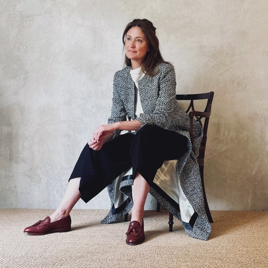 Fitted Longline Hourglass Coat in Linton Tweeds Black and White Boucle. An investment piece for Ascot, Weddings and Work. Handmade in Britain.