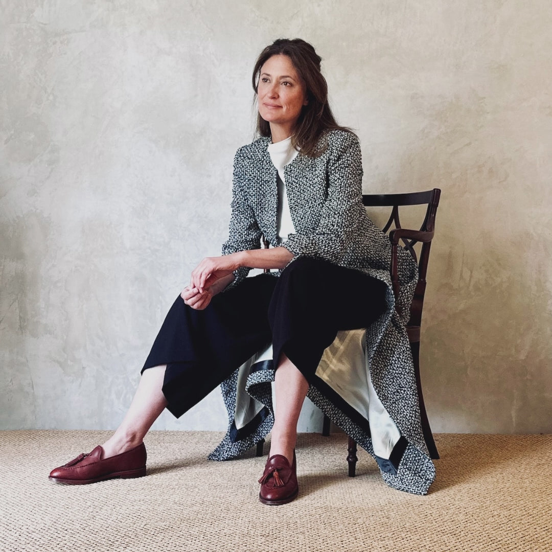 Fitted Longline Hourglass Coat in Linton Tweeds Black and White Boucle. An investment piece for Ascot, Weddings and Work. Handmade in Britain.
