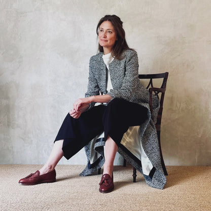 Fitted Longline Hourglass Coat in Linton Tweeds Black and White Boucle. An investment piece for Ascot, Weddings and Work. Handmade in Britain.