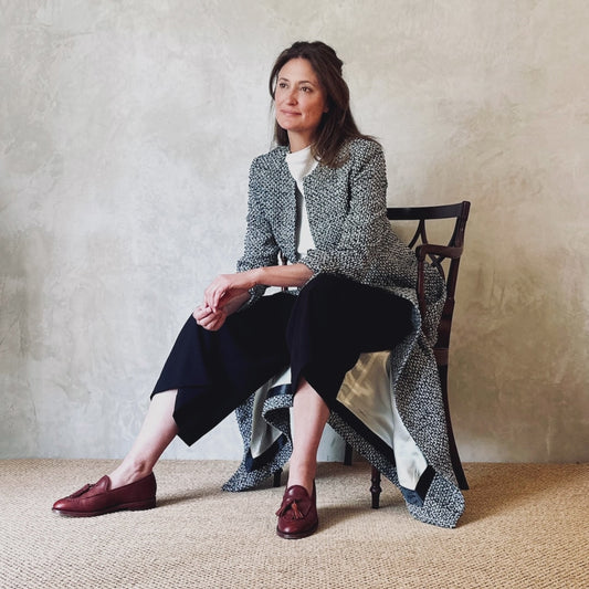 Fitted Longline Hourglass Coat in Linton Tweeds Black and White Boucle. An investment piece for Ascot, Weddings and Work. Handmade in Britain.
