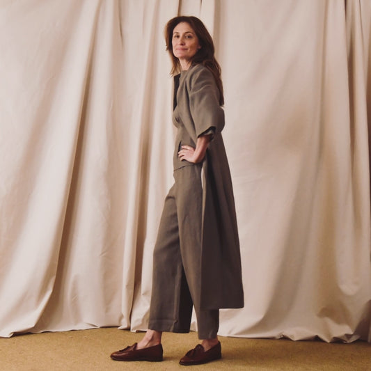 Longer Length Cocoon Coat in Irish Linen.  A slubby, relaxed linen makes for an easy to wear everyday coat that can be dressed up. Handmade in Britain.