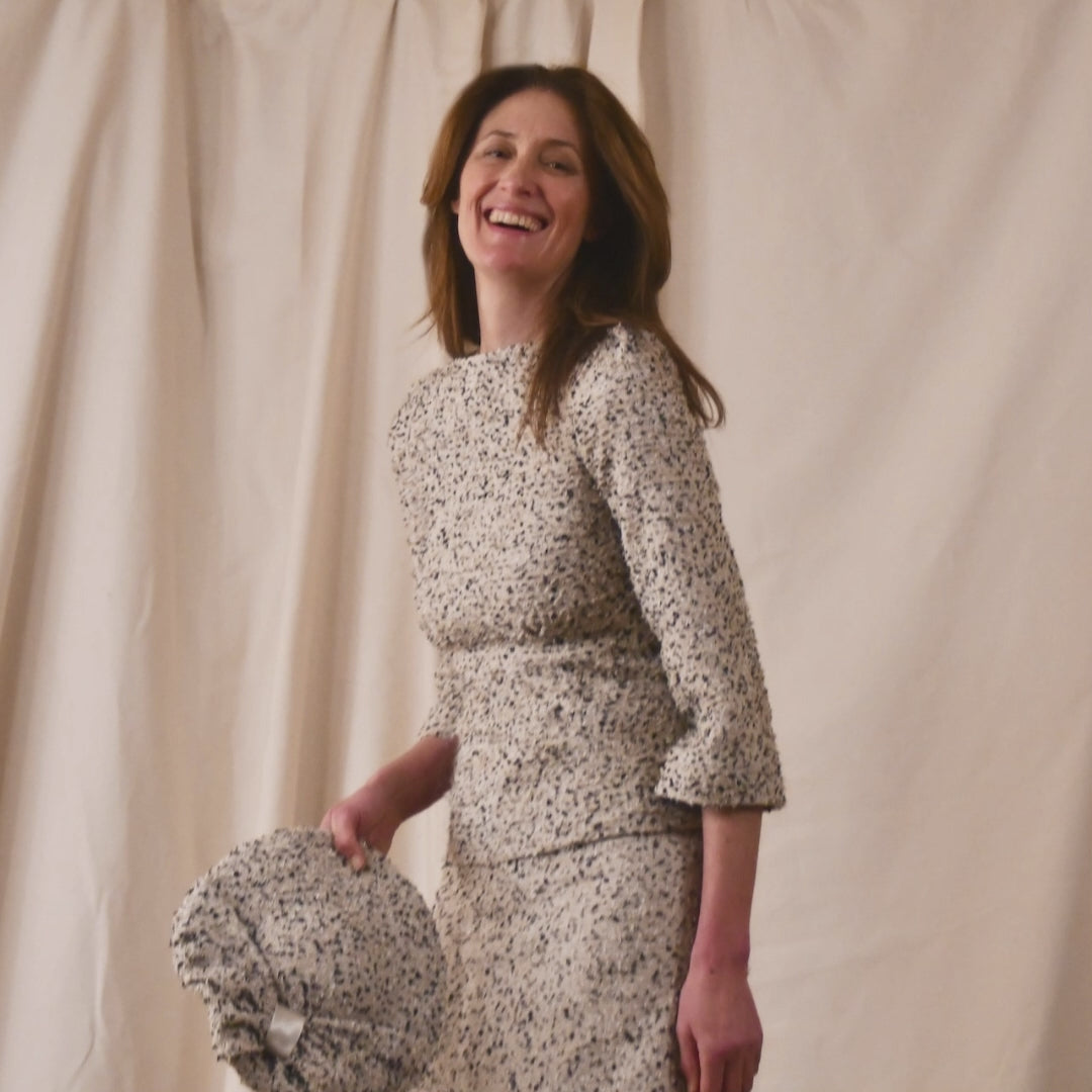 A tailored skirt suit in a light coloured Linton Tweeds bouclé – perfect for Royal Ascot and other formal occasions in spring and summer. Handmade in Britain.