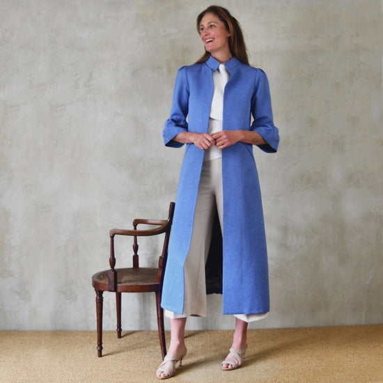 Blue Brocade A Line Bell Sleeve Coat