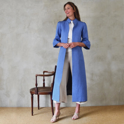 Blue Brocade A Line Bell Sleeve Coat