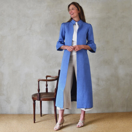 Blue Brocade A Line Bell Sleeve Coat