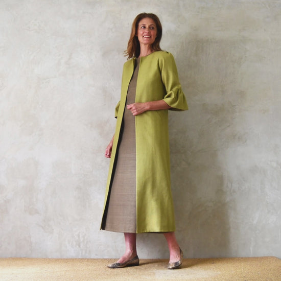 Bespoke British-made Bell Sleeve A-Line Coat in Silk Matka. Summer Weight Silk Coat with Sleeve Detail – Perfect for Formal Occasions and wearable even on the hottest of days. Handmade in Britain.