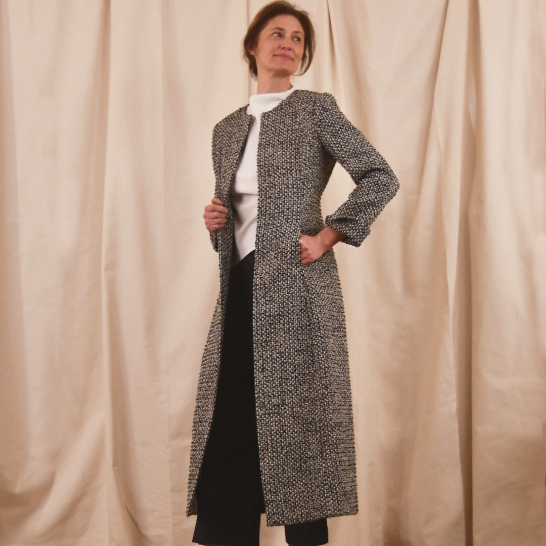 Black and White Boucle Hourglass Coat Video