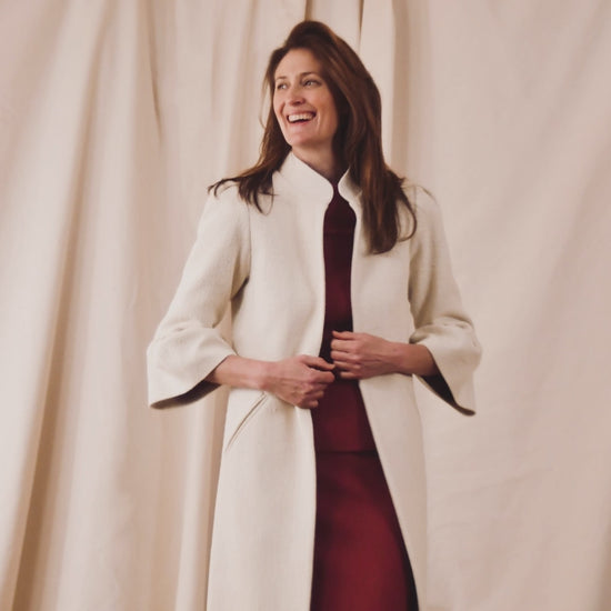 Long White Bell Sleeve Coat. This pure silk boucle is a true investment piece - perfect for white coat lovers and formal occasions. Handmade in Britain.