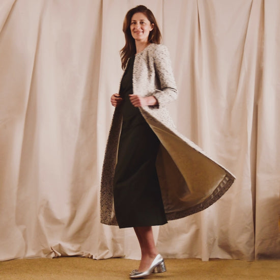 The Fitted Hourglass Coat in Camel, Black and White Flag Textured Bouclé from Linton Tweeds. A Fitted Summer Bouclé Coat investment piece, for Royal Ascot and Summer Occasions. Handmade in Britain.